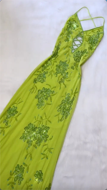 Shiny A Line Spaghetti Strap Sequin Beaded Green Chiffon Open Back Party Dress Evening Dress HZ1023